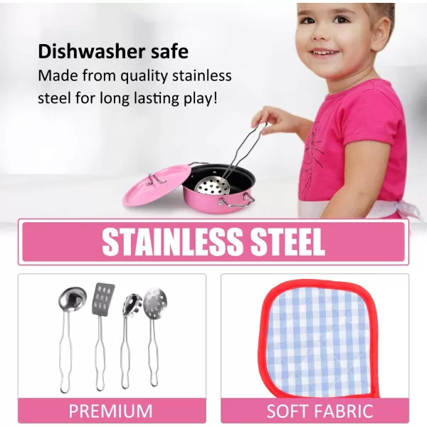 imageLiberty Imports Kids Play Kitchen Toys Pretend Cooking Pink Stainless Steel Pots and Pans Metal Kitchen Set with Utensils 11 Pieces