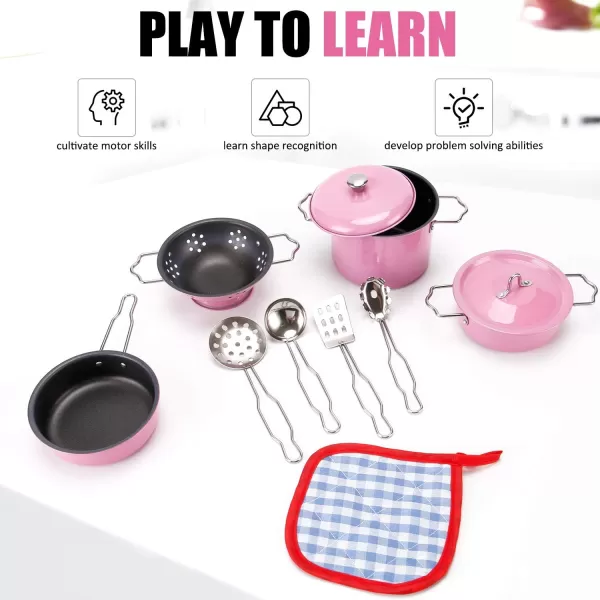 imageLiberty Imports Kids Play Kitchen Toys Pretend Cooking Pink Stainless Steel Pots and Pans Metal Kitchen Set with Utensils 11 Pieces