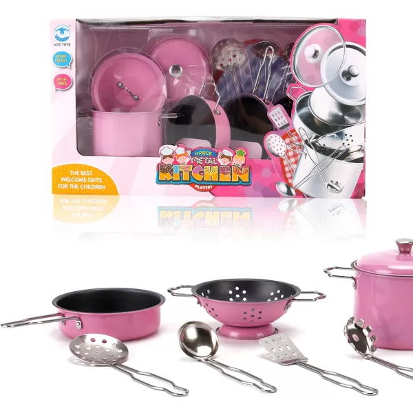imageLiberty Imports Kids Play Kitchen Toys Pretend Cooking Pink Stainless Steel Pots and Pans Metal Kitchen Set with Utensils 11 Pieces