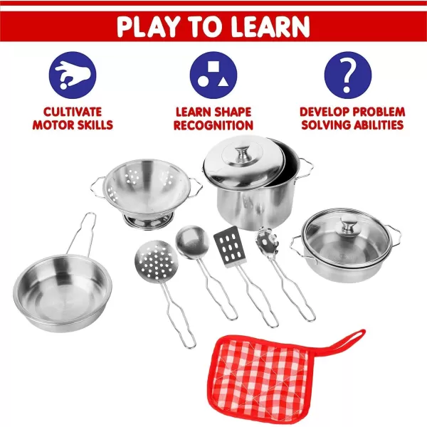 imageLiberty Imports Kids Play Kitchen Toys Pretend Cooking Stainless Steel Pots and Pans Metal Kitchen Set with Utensils 11 Pieces