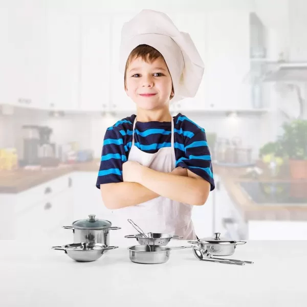 imageLiberty Imports Kids Play Kitchen Toys Pretend Cooking Stainless Steel Pots and Pans Metal Kitchen Set with Utensils 11 Pieces