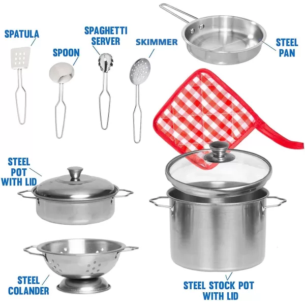 imageLiberty Imports Kids Play Kitchen Toys Pretend Cooking Stainless Steel Pots and Pans Metal Kitchen Set with Utensils 11 Pieces