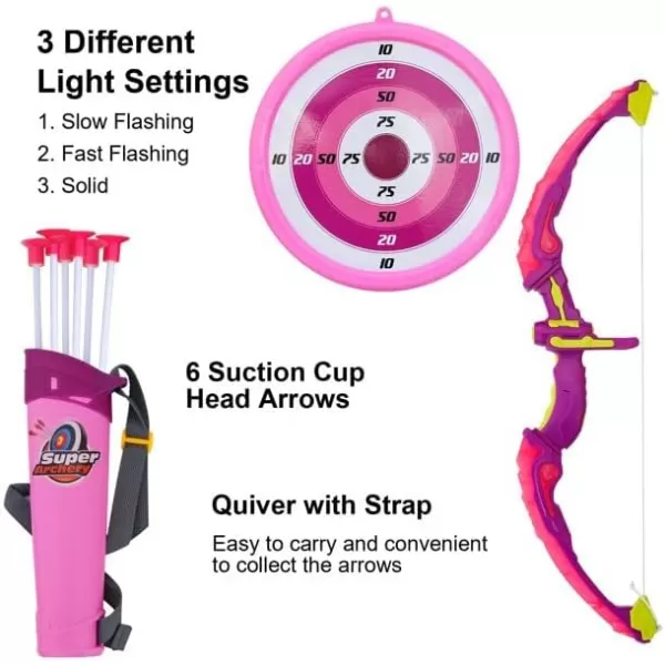 imageLiberty Imports Light Up Archery Bow and Arrow Toy Set for Girls with 6 Suction Cup Arrows Target and QuiverPink