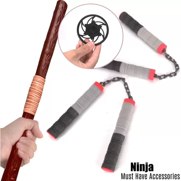 imageLiberty Imports Ninja Toy Weapons Kids Role Play Set with 2 Katana Swords 2 SAIS 2 Foam Nunchucks 4 Shuriken and Bo Staff for Children Pretend Play Battles