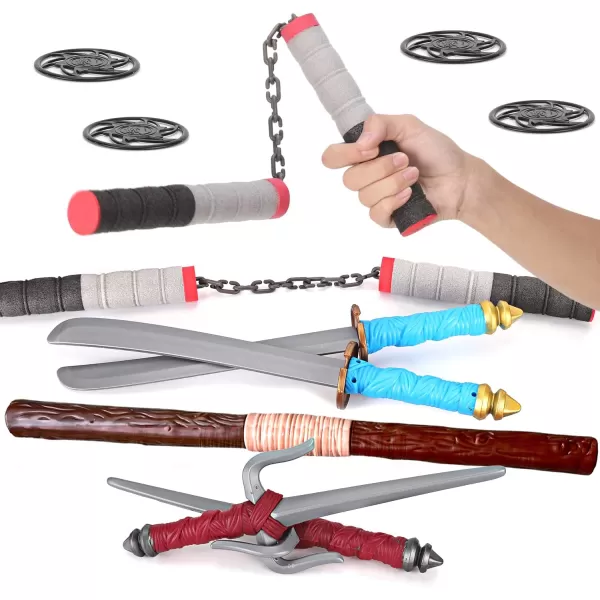 imageLiberty Imports Ninja Toy Weapons Kids Role Play Set with 2 Katana Swords 2 SAIS 2 Foam Nunchucks 4 Shuriken and Bo Staff for Children Pretend Play Battles