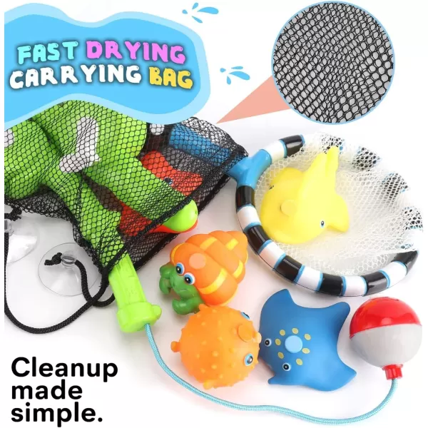 imageMagnetic Toddler Bath Toys  Kids Fishing Pool Game Set of 2 Fishing Poles 8 Rubber Sea Animals ampamp Net  Water Toys with Mesh Organizer Bag
