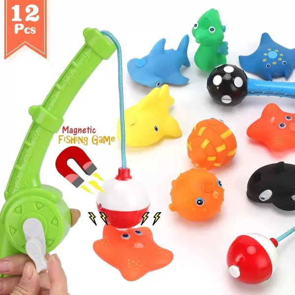 imageMagnetic Toddler Bath Toys  Kids Fishing Pool Game Set of 2 Fishing Poles 8 Rubber Sea Animals ampamp Net  Water Toys with Mesh Organizer Bag