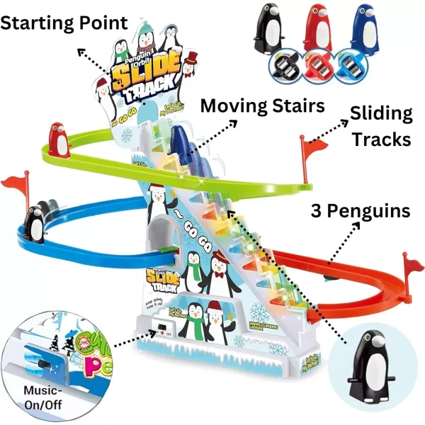 imageMusical Penguin Orbit Chasing Race Track Game Set  Playful Roller Coaster Playset with LED Flashing Lights and Music OnOff Button for Toddlers and KidsPenguin
