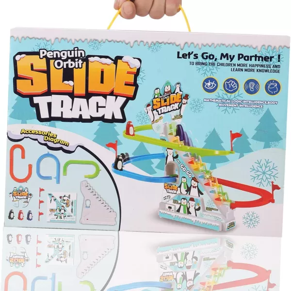 imageMusical Penguin Orbit Chasing Race Track Game Set  Playful Roller Coaster Playset with LED Flashing Lights and Music OnOff Button for Toddlers and KidsPenguin