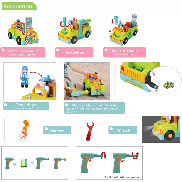 imageToddler Tool Set Toy Trucks Kids Mechanic Workbench Take Apart Musical Toolbox with Electric Drill Power Play Tools Lights Bump and Go Building Toy for 2 Year Old Boys