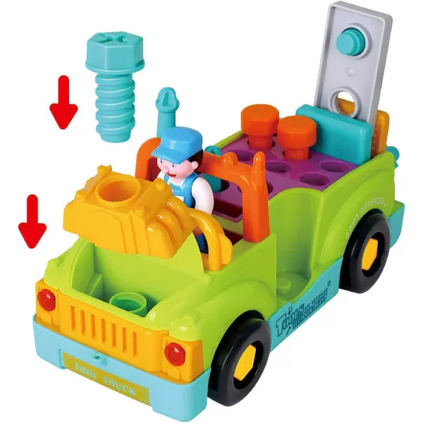 imageToddler Tool Set Toy Trucks Kids Mechanic Workbench Take Apart Musical Toolbox with Electric Drill Power Play Tools Lights Bump and Go Building Toy for 2 Year Old Boys