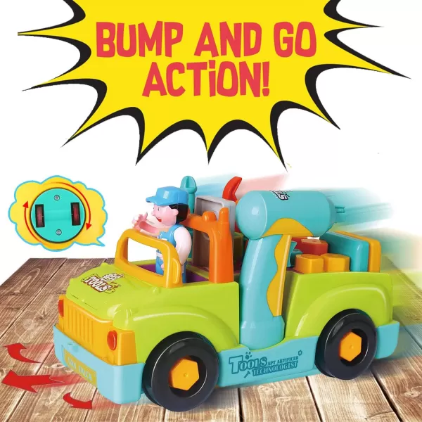 imageToddler Tool Set Toy Trucks Kids Mechanic Workbench Take Apart Musical Toolbox with Electric Drill Power Play Tools Lights Bump and Go Building Toy for 2 Year Old Boys