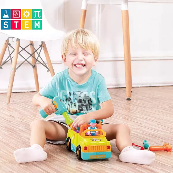 imageToddler Tool Set Toy Trucks Kids Mechanic Workbench Take Apart Musical Toolbox with Electric Drill Power Play Tools Lights Bump and Go Building Toy for 2 Year Old Boys
