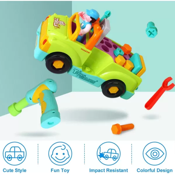 imageToddler Tool Set Toy Trucks Kids Mechanic Workbench Take Apart Musical Toolbox with Electric Drill Power Play Tools Lights Bump and Go Building Toy for 2 Year Old Boys