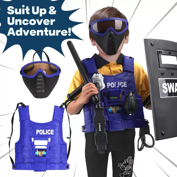 imageUltimate AllinOne Kids Police Role Play Toy Kit  15Piece Policeman Pretend Play Set for Kids  SWAT Accessories for Dress Up Costumes  Badge Shield Vest Handcuffs Included