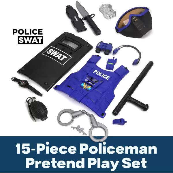 imageUltimate AllinOne Kids Police Role Play Toy Kit  15Piece Policeman Pretend Play Set for Kids  SWAT Accessories for Dress Up Costumes  Badge Shield Vest Handcuffs Included