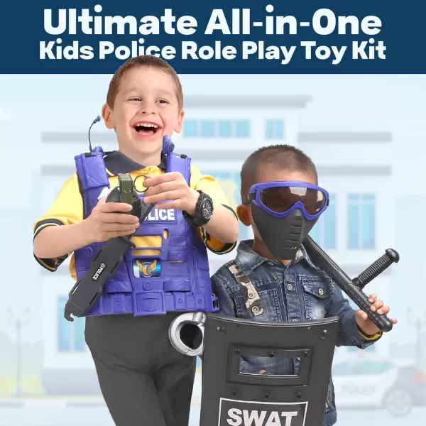 imageUltimate AllinOne Kids Police Role Play Toy Kit  15Piece Policeman Pretend Play Set for Kids  SWAT Accessories for Dress Up Costumes  Badge Shield Vest Handcuffs Included