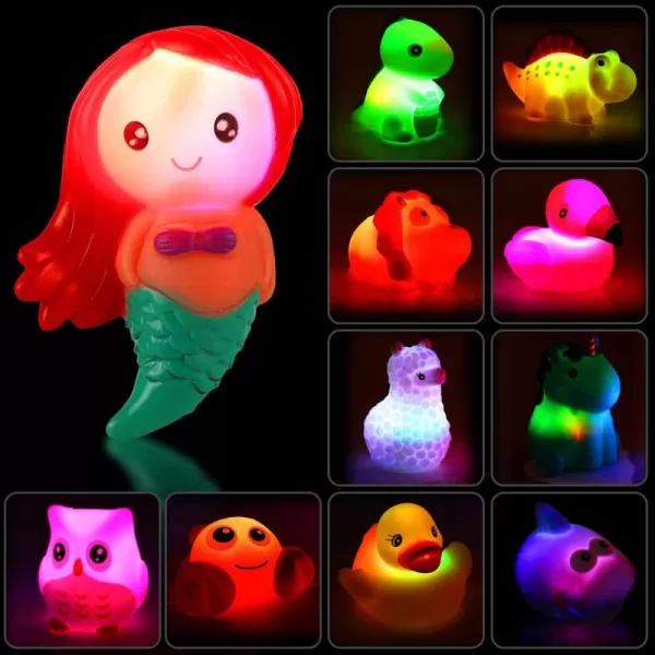 image12 PCS Light Up Bath Toys with Duck Mesh Tub Storage Organizer Toddler Flashing Color Changing LED Bathtub Mermaid Toy in Water for Kids
