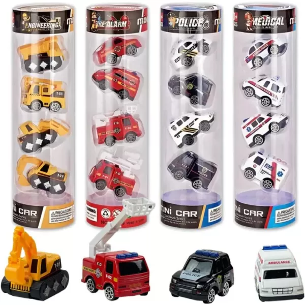 image16Piece Diecast Metal Toy Car Set  Fun Play Trucks with Police Construction Ambulance ampamp Firetruck Vehicles in 4 Storage Tubes  Perfect for Party Favors ampamp Kids