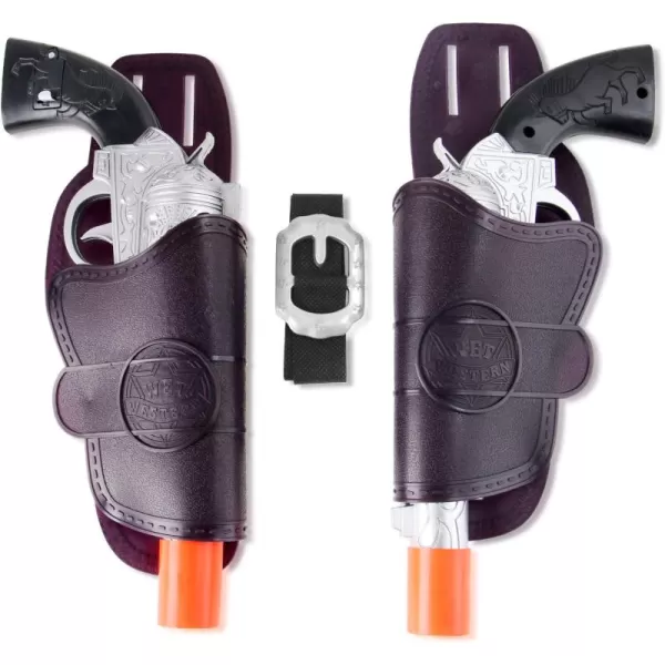 image2 Pack Kids Western Dual Cowboy Pistols Belt and Holster Set  Battery Operated 11quot Wild West Outlaw Toy Guns with Realistic Sounds for Role Play Cosplay Costume Accessories Stage Props