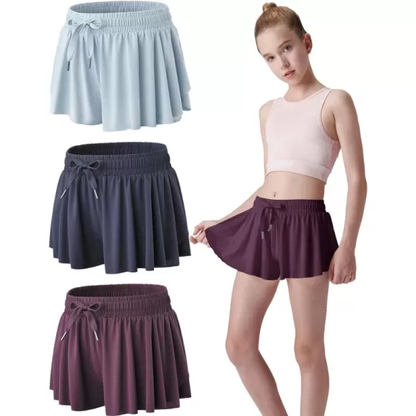 image3 Pack Girls Flowy Shorts with Spandex Liner 2in1 Youth Butterfly Skirts for Fitness Running SportsArctic IceGrape NectarNightshadow Blue