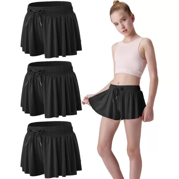 image3 Pack Girls Flowy Shorts with Spandex Liner 2in1 Youth Butterfly Skirts for Fitness Running SportsBlacks