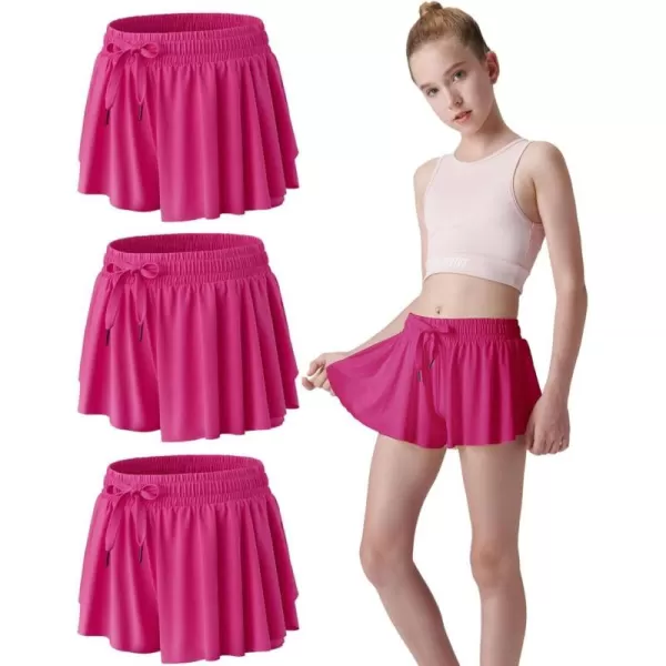 image3 Pack Girls Flowy Shorts with Spandex Liner 2in1 Youth Butterfly Skirts for Fitness Running SportsBright Pink