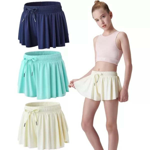 image3 Pack Girls Flowy Shorts with Spandex Liner 2in1 Youth Butterfly Skirts for Fitness Running SportsCreamAquaNavy