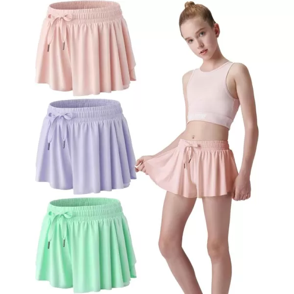 image3 Pack Girls Flowy Shorts with Spandex Liner 2in1 Youth Butterfly Skirts for Fitness Running SportsHoney DewLavender BlueHeavenly Pink