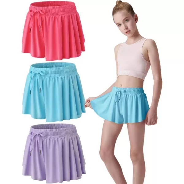 image3 Pack Girls Flowy Shorts with Spandex Liner 2in1 Youth Butterfly Skirts for Fitness Running SportsLavenderBaby BlueHot Pink