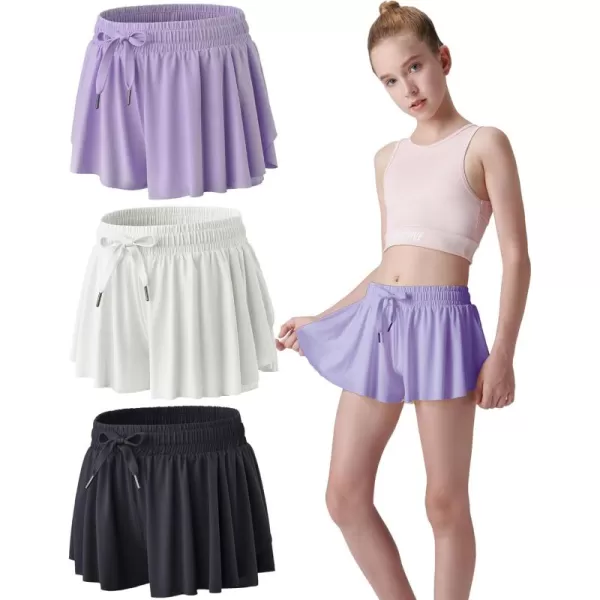 image3 Pack Girls Flowy Shorts with Spandex Liner 2in1 Youth Butterfly Skirts for Fitness Running SportsLavenderWhiteBlack