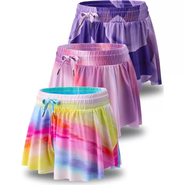 image3 Pack Girls Flowy Shorts with Spandex Liner 2in1 Youth Butterfly Skirts for Fitness Running SportsOmbre