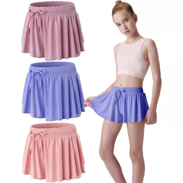 image3 Pack Girls Flowy Shorts with Spandex Liner 2in1 Youth Butterfly Skirts for Fitness Running SportsPeachPeriwinkleRed Violet