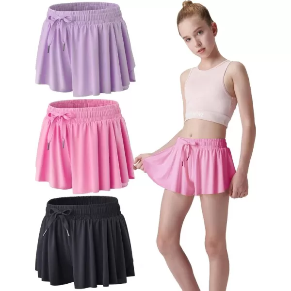 image3 Pack Girls Flowy Shorts with Spandex Liner 2in1 Youth Butterfly Skirts for Fitness Running SportsPinkBaby BlueLight Yellow