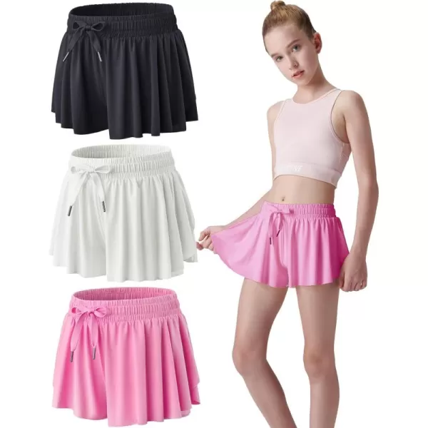 image3 Pack Girls Flowy Shorts with Spandex Liner 2in1 Youth Butterfly Skirts for Fitness Running SportsPinkWhiteBlack