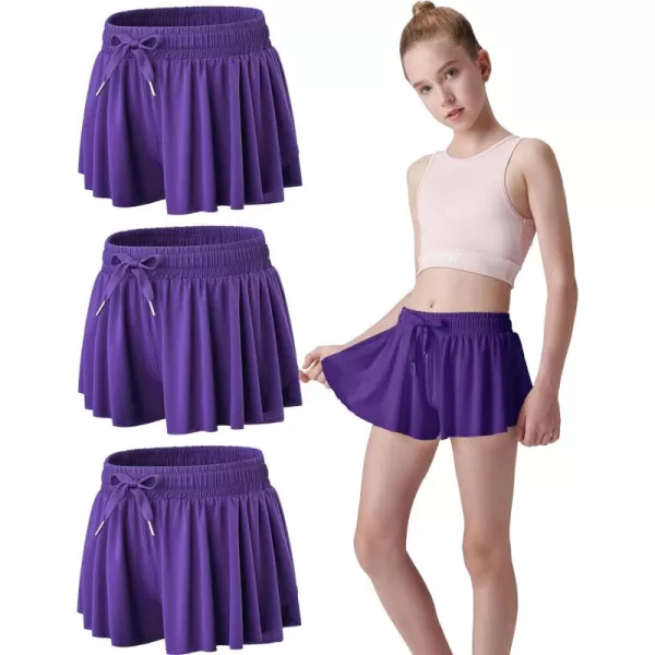 image3 Pack Girls Flowy Shorts with Spandex Liner 2in1 Youth Butterfly Skirts for Fitness Running SportsPurple