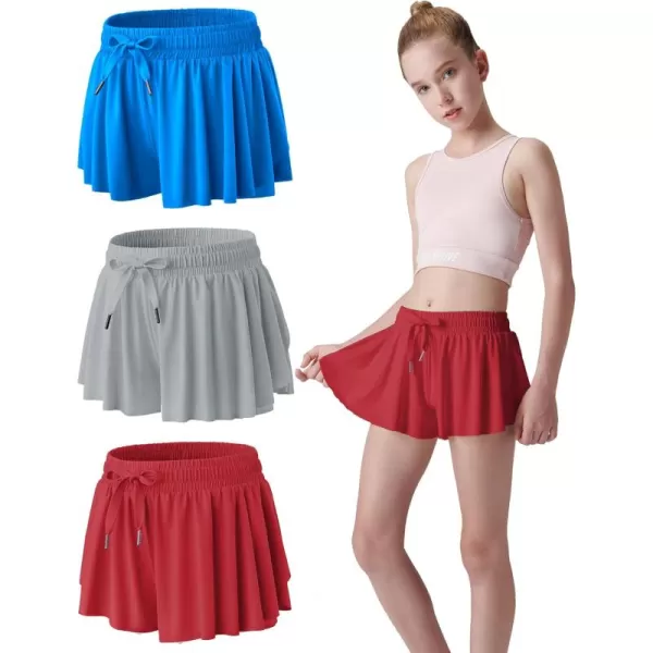 image3 Pack Girls Flowy Shorts with Spandex Liner 2in1 Youth Butterfly Skirts for Fitness Running SportsRedGrayBlue