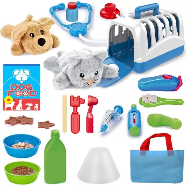 imageDeluxe Complete Vet Pet Care Play Set  Veterinarian Pretend Doctor Role Play Grooming Toy Kit with Plush Dog ampamp Cat 34 Pcs