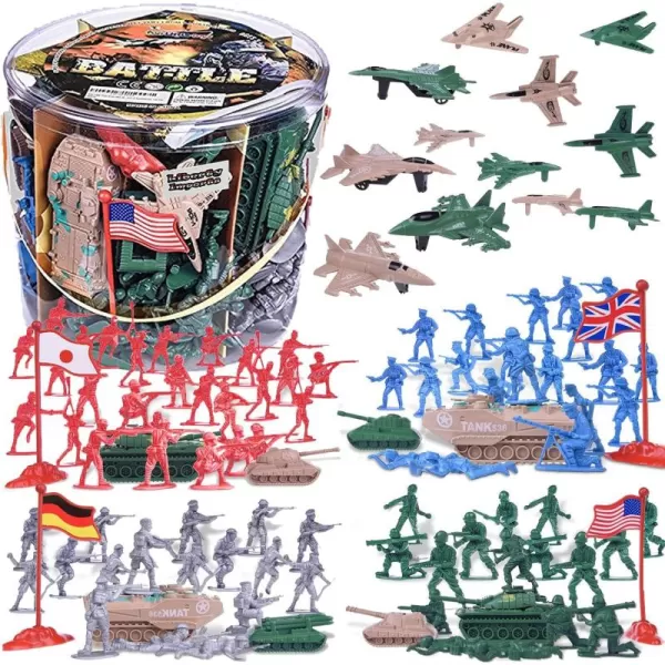 imageLiberty Imports 124 PCS Army Men Toy Figures Military Forces Bucket Play Set World War II Battle Plastic Soldiers Set with Vehicles for Boys Kids Imaginary Play