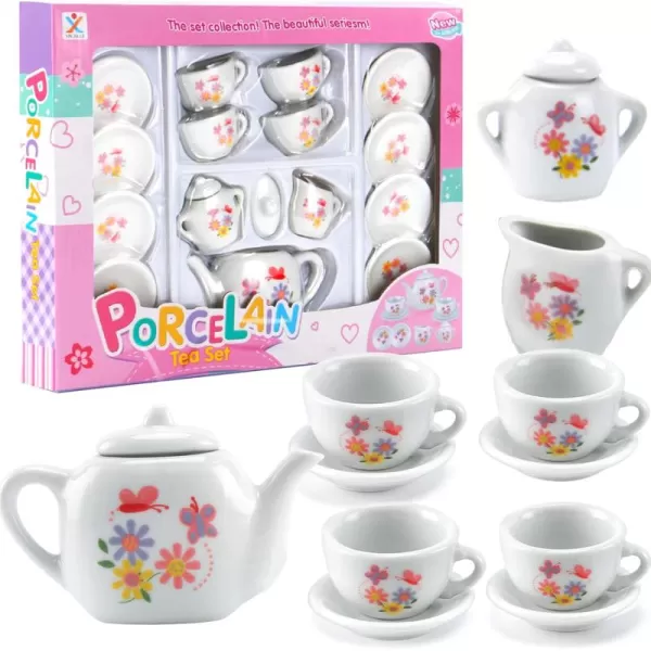 imageLiberty Imports 16 Piece Rose Flower Miniature Porcelain Ceramic Tea Set  Kids Toy Mini Pretend Play Kitchen Decorated Playset  Small Party Accessories Teapot Cups Sugar Bowl and Creamer