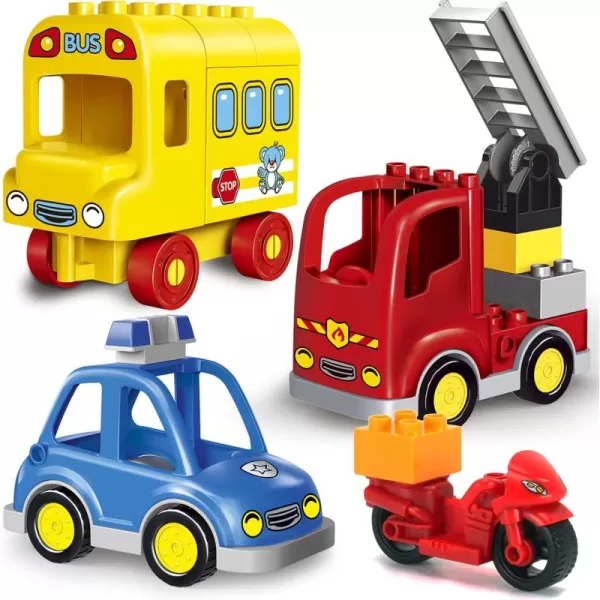 imageLiberty Imports 4Pack City Vehicles Transportation Set Big Building Blocks Compatible with Lego DUPLO  Includes Police Car Fire Truck School Bus Motorcycle Toys for Kids Toddlers