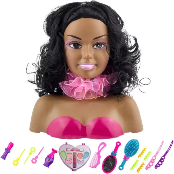 imageLiberty Imports African American Black Makeup and Hair Styling Doll Head Toy Playset with Real Washable Cosmetic and Fashion Dress Up Accessories for Girls Pretend Play