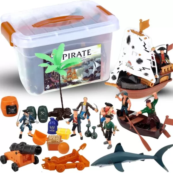 imageLiberty Imports Bucket of Pirate Action Figures Toys Playset with Pirate Ship Boat Treasure Chest Cannons Shark for Kids Imaginary Pretend Play