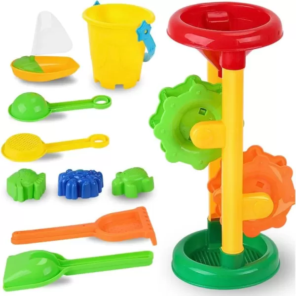 imageLiberty Imports Double Sand ampamp Water Wheel Tower Beach Toy Set wBuiltin Funnel Sieve Bucket Shovel Rake Animal Molds for Kids Toddlers Play