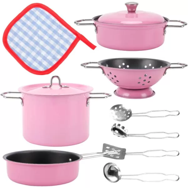 imageLiberty Imports Kids Play Kitchen Toys Pretend Cooking Pink Stainless Steel Pots and Pans Metal Kitchen Set with Utensils 11 Pieces