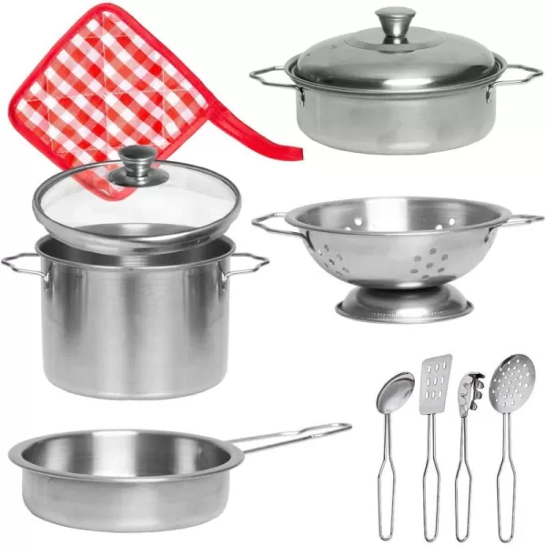 imageLiberty Imports Kids Play Kitchen Toys Pretend Cooking Stainless Steel Pots and Pans Metal Kitchen Set with Utensils 11 Pieces