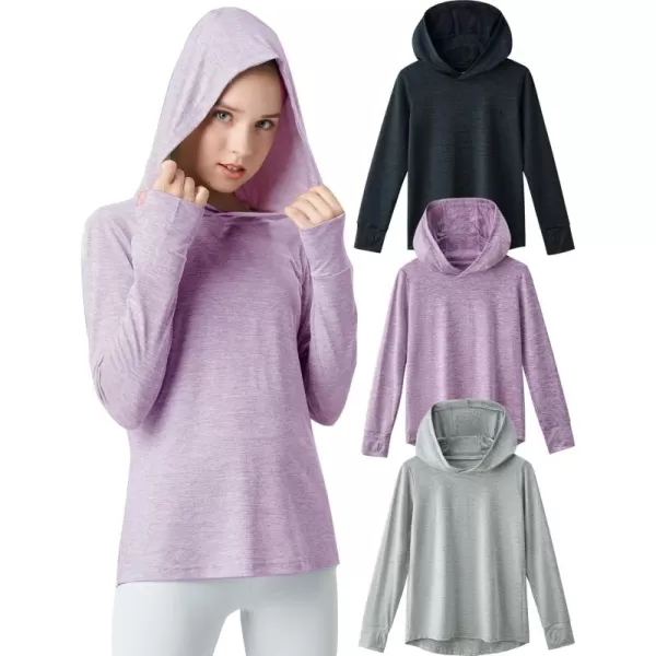 imageLiberty Pro 3 Pack Athletic Girls Long Sleeve Shirts with Thumb Holes Workout Hoodies for Kids Hooded Shirt Pullover TopsCharcoalLavenderGray