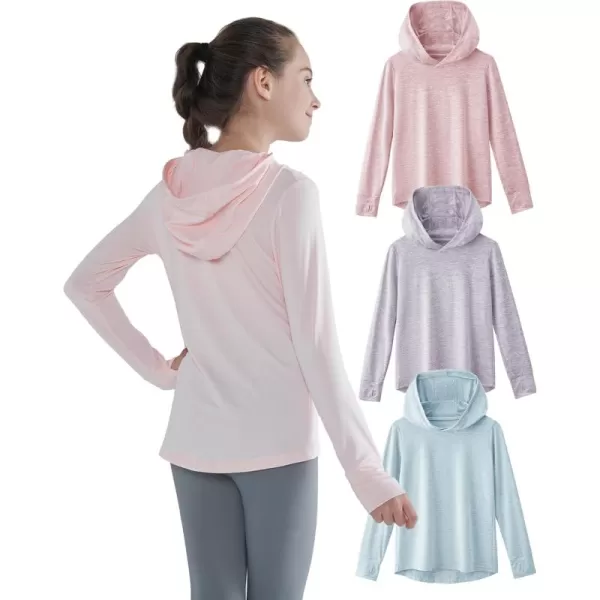 imageLiberty Pro 3 Pack Athletic Girls Long Sleeve Shirts with Thumb Holes Workout Hoodies for Kids Hooded Shirt Pullover TopsHeavenly PinkLavender BlueAncient Water