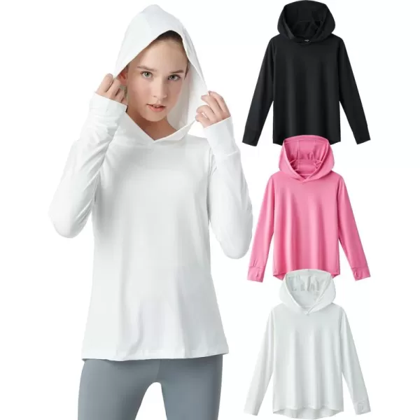 imageLiberty Pro 3 Pack Athletic Girls Long Sleeve Shirts with Thumb Holes Workout Hoodies for Kids Hooded Shirt Pullover TopsPinkBlackWhite