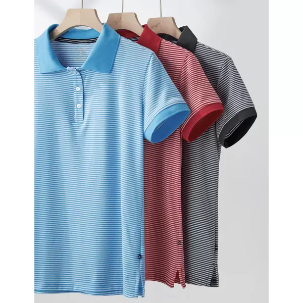 image3 Pack Womens Athletic Dry Fit Polo Shirts Wicking Short Sleeve Collared Golf T Shirt Tennis TopsStripe RedCharcoalLight Blue